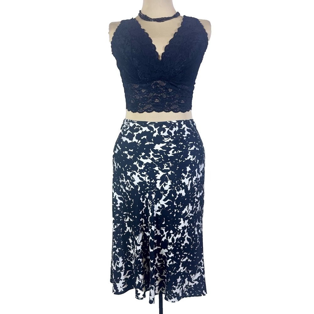 Lauren Ralph Lauren Women's Sz XL 100% Silk Midi Skirt Black White Flowers Lined